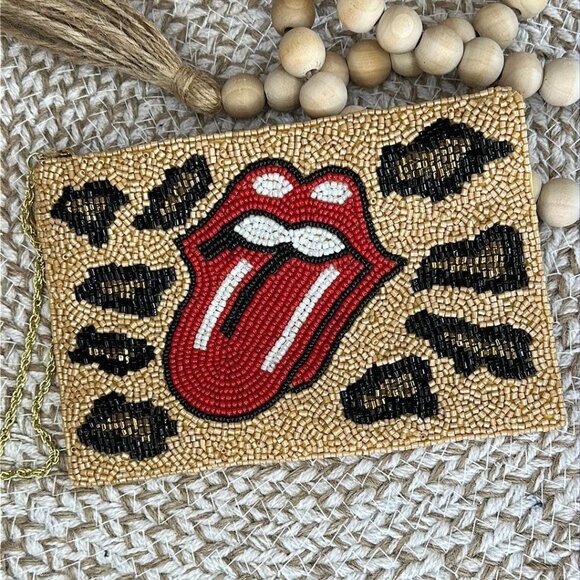 Wristlet Chain Zippered Seed Beaded Leopard Stones Lip Mouth Logo Pouch Bag - Picture 1 of 3